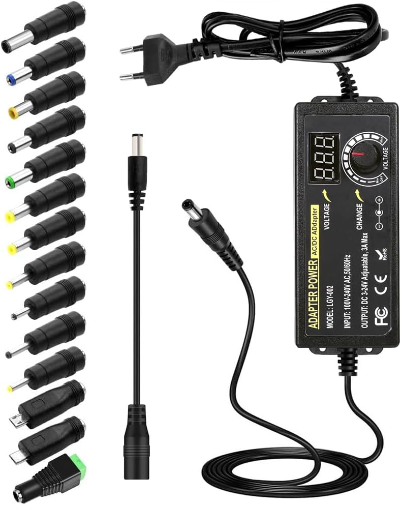 Alimentatore Universale, 3-24V Caricabatterie Universale, 3A, 72W Adattatore di Alimentazione Regolabile 100 V-240 V AC a DC